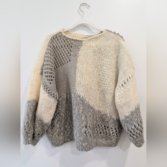 Large vintage mohair hand knit sweater mauve and ivory retro sweater womens - Picture 5 of 8